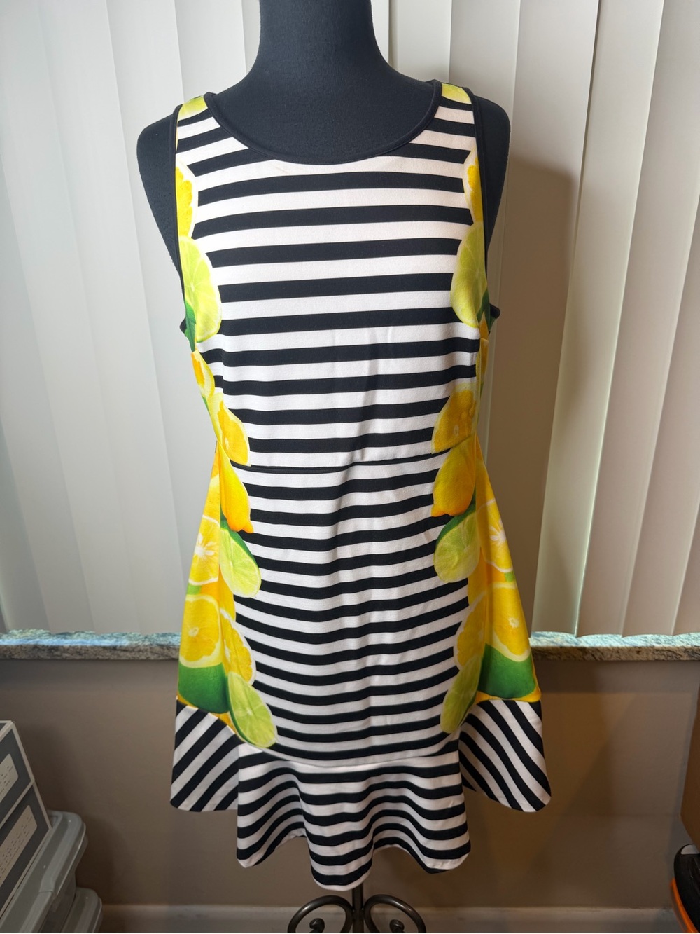 Elle Black-and-White Striped Sleeveless Dress Yellow Lemon Panels Summer Size 12